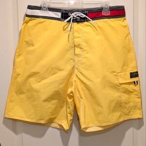 EUC 90s Tommy Hilfiger L Yellow Swim Trunks with Iconic Red and White Waistband
